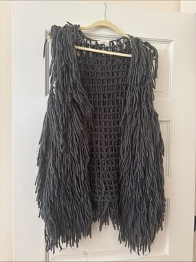 Blu Pepper Charcoal Fringe Open crochet Vest